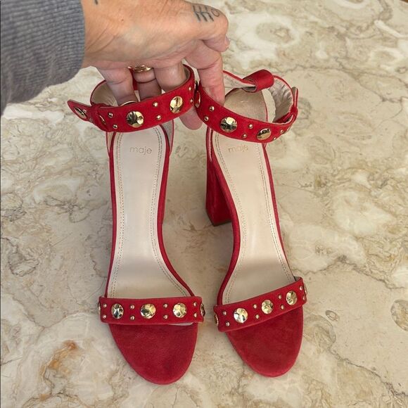 Maje Faria Red Suede Studded Chunky Heel Ankle Strap Sandals - Picture 3 of 14